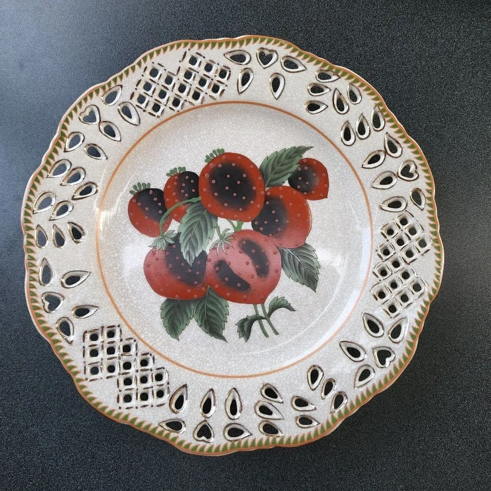 Set of Two Vintage Reticulated Porcelain Plates With Botanical Fruit Design 10.5